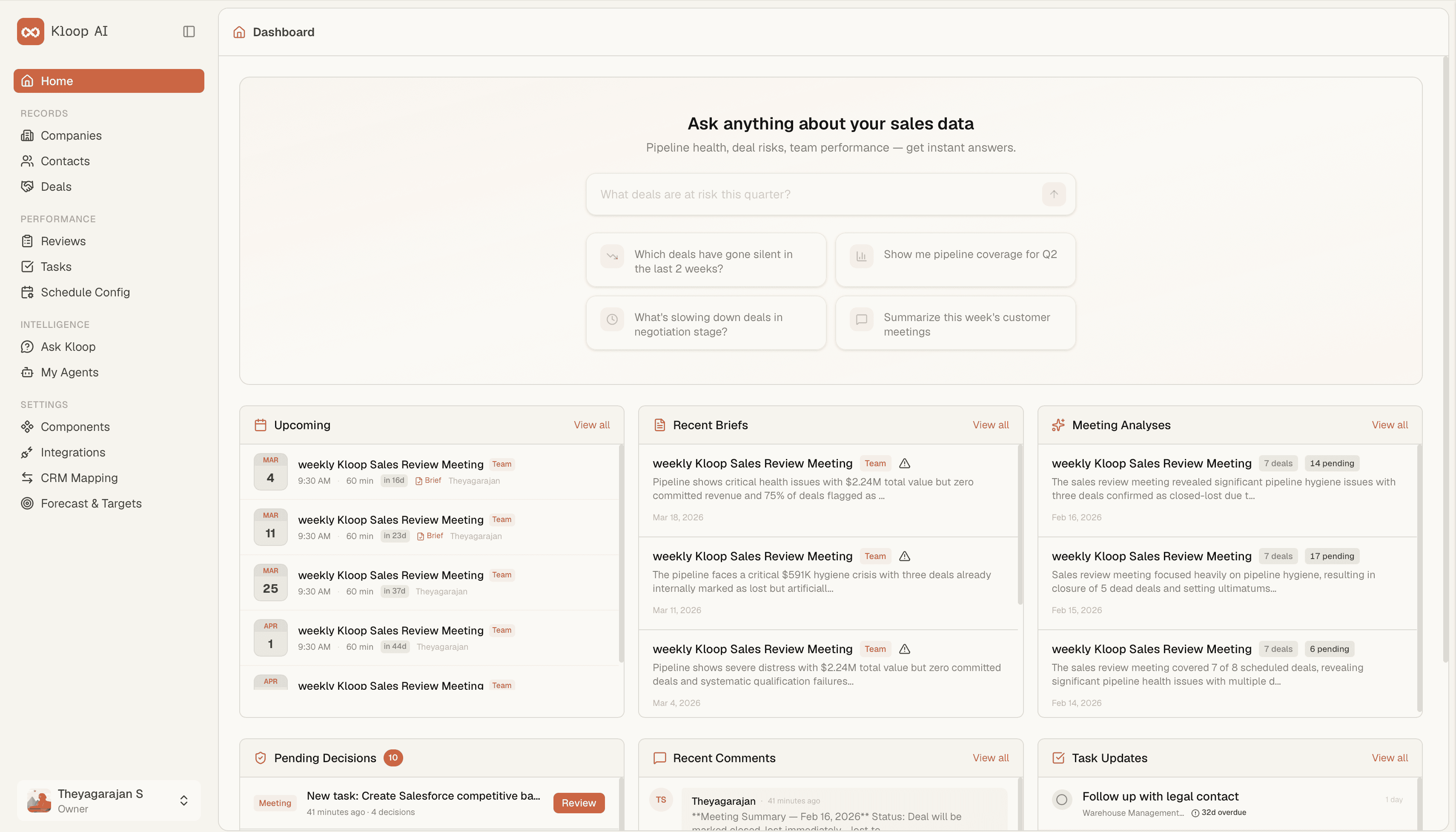 Kloop AI Dashboard — pipeline intelligence, deal signals, and meeting analysis
